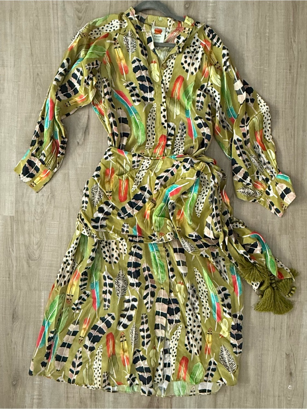 FARM Rio Olive Green Multicolor Feather-Print Midi Dress, Size M